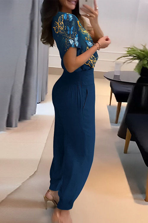 Casual V-Neck Printed Short Sleeve Long Pants Two-Piece Set