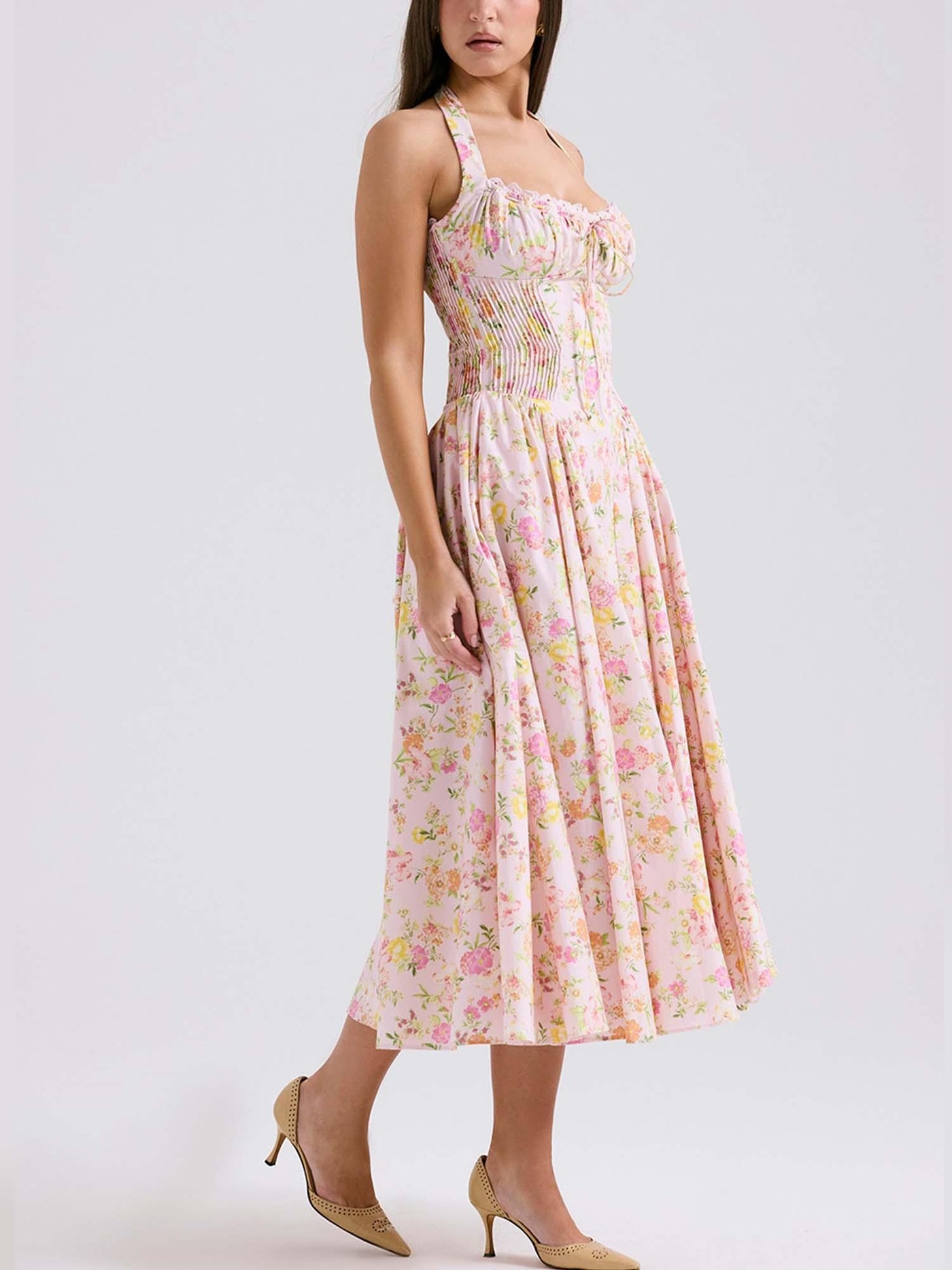 Romantic Floral Corset Midi Dress