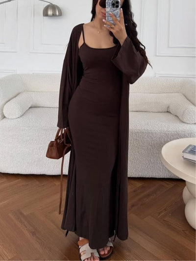 Sleeveless suspender hip dress long cardigan set