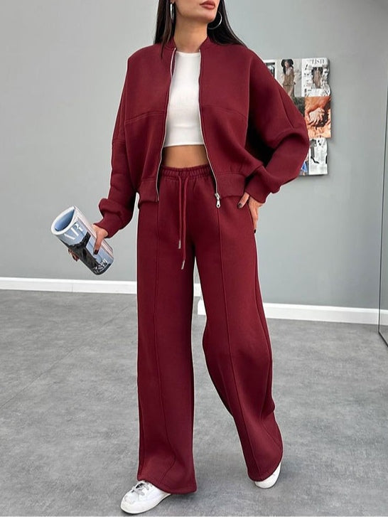 Women's zippered cardigan and straight pants suit