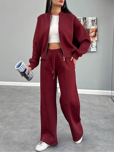 Women's zippered cardigan and straight pants suit