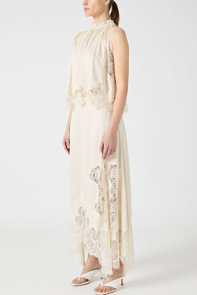 Lace Pleated Collar Top + Irregular Slit Skirt Set