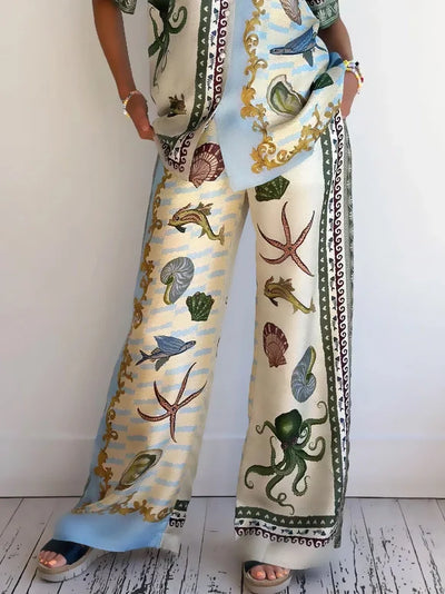 Unique Deep Sea Floral Print Loose Shirt and Pants Set