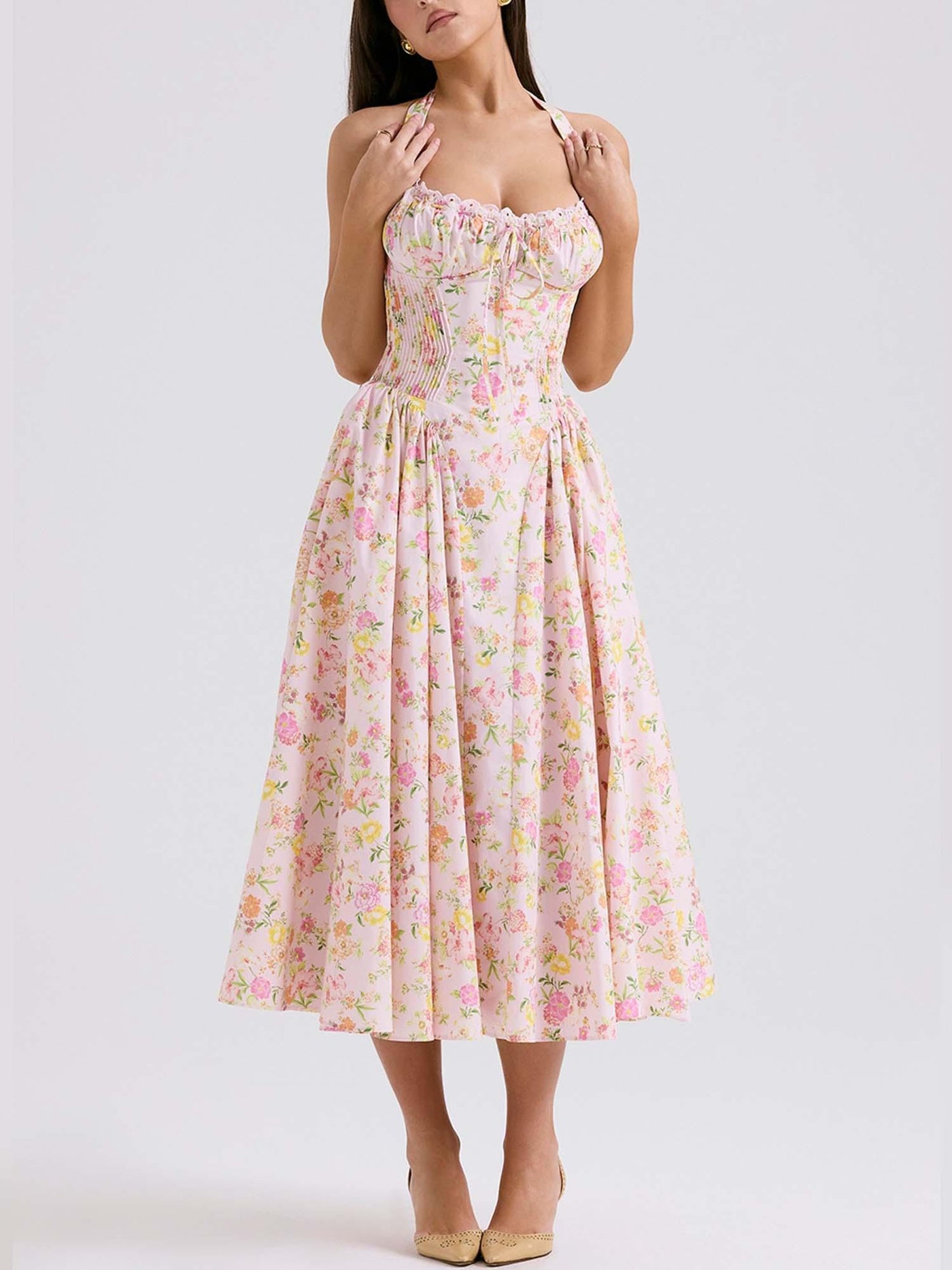 Romantic Floral Corset Midi Dress