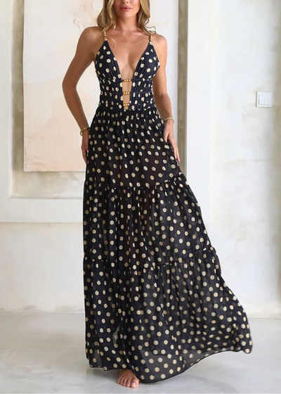 Black and Gold Polka Dots V-neck One Piece Swimsuit and Skirt