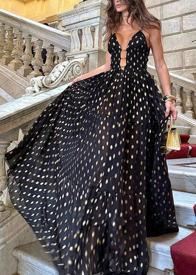 Black and Gold Polka Dots V-neck One Piece Swimsuit and Skirt