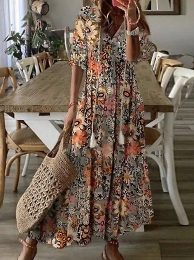 Casual Loose V-neck Printed  Long Dress