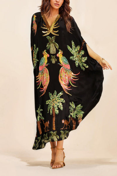 Unique Drop Shoulder Sleeve Coconut Tree Printed Dress