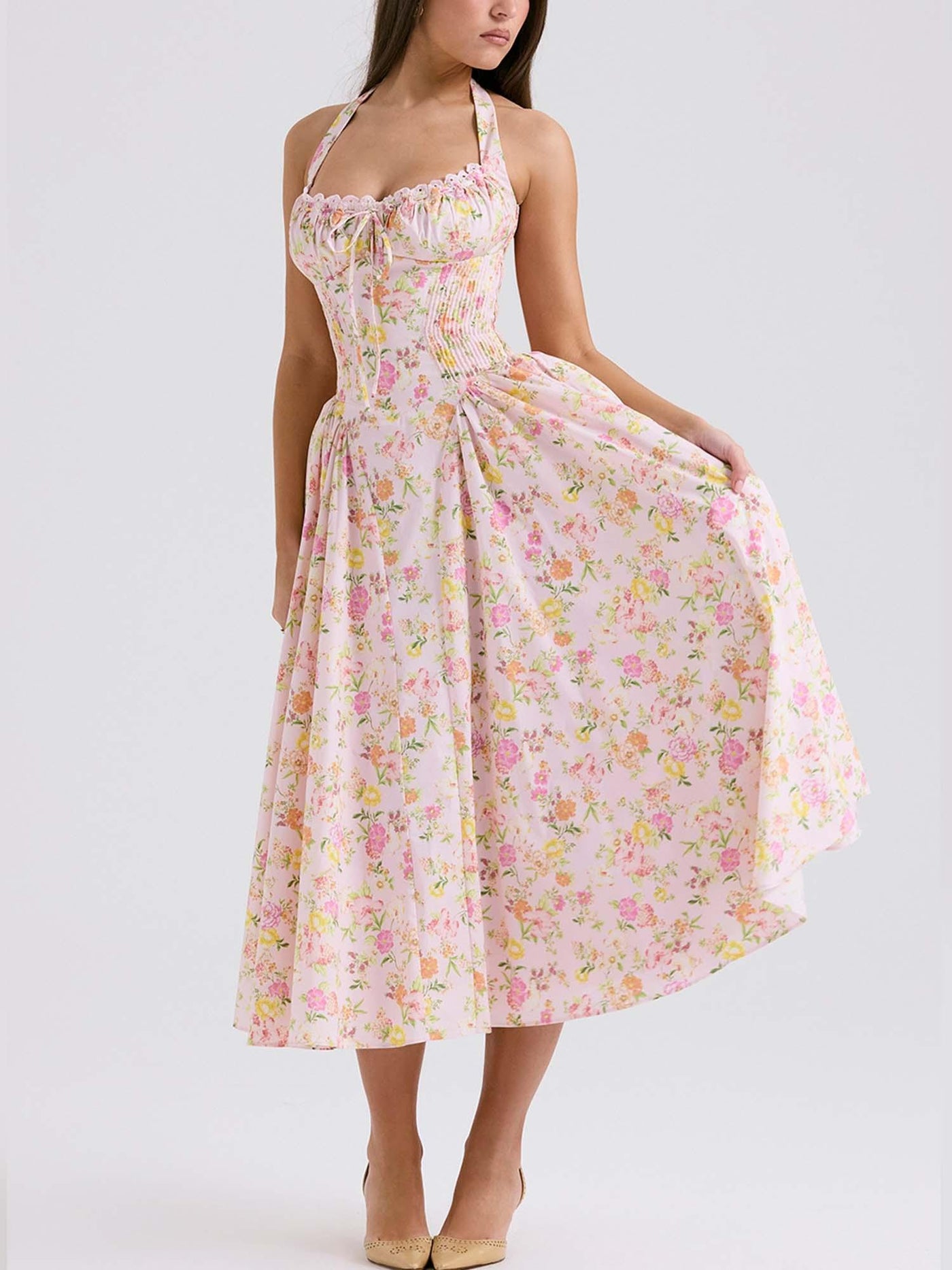 Romantic Floral Corset Midi Dress