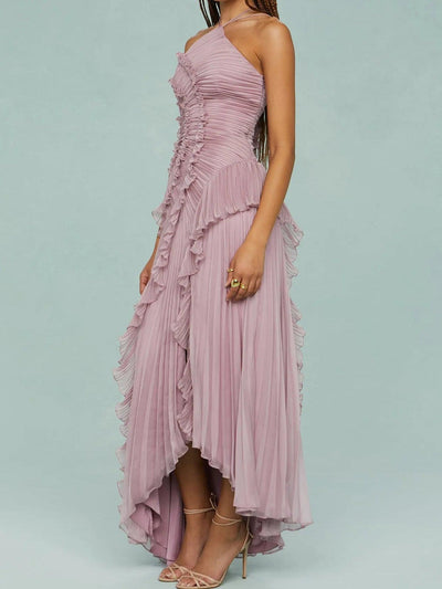 Pleated Suspender Long Dress With Slits