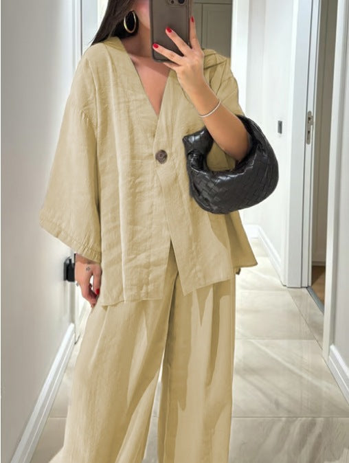 Casual V-Neck Top & Pants Two-Piece Set