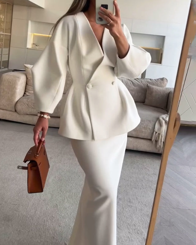 Fashion Solid Color V-Neck Top & Skirt Two-Piece Set