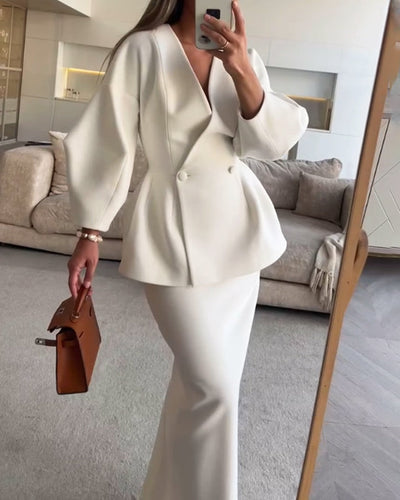 Fashion Solid Color V-Neck Top & Skirt Two-Piece Set