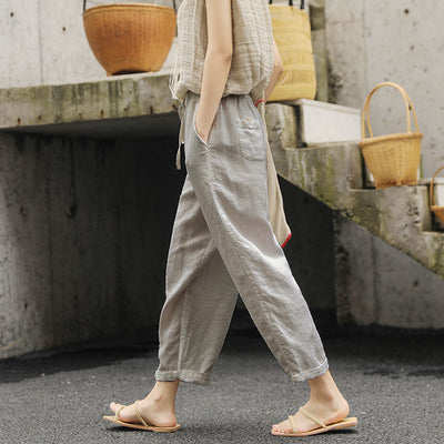 Solid Color Cotton Linen Lace Up Loose Casual Pants