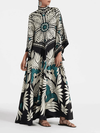 Elegance Floral Print Waterfall Sleeves Maxi Dress