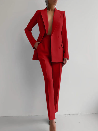 Casual Commuting Solid Color Blazer & High Waist Pants Set