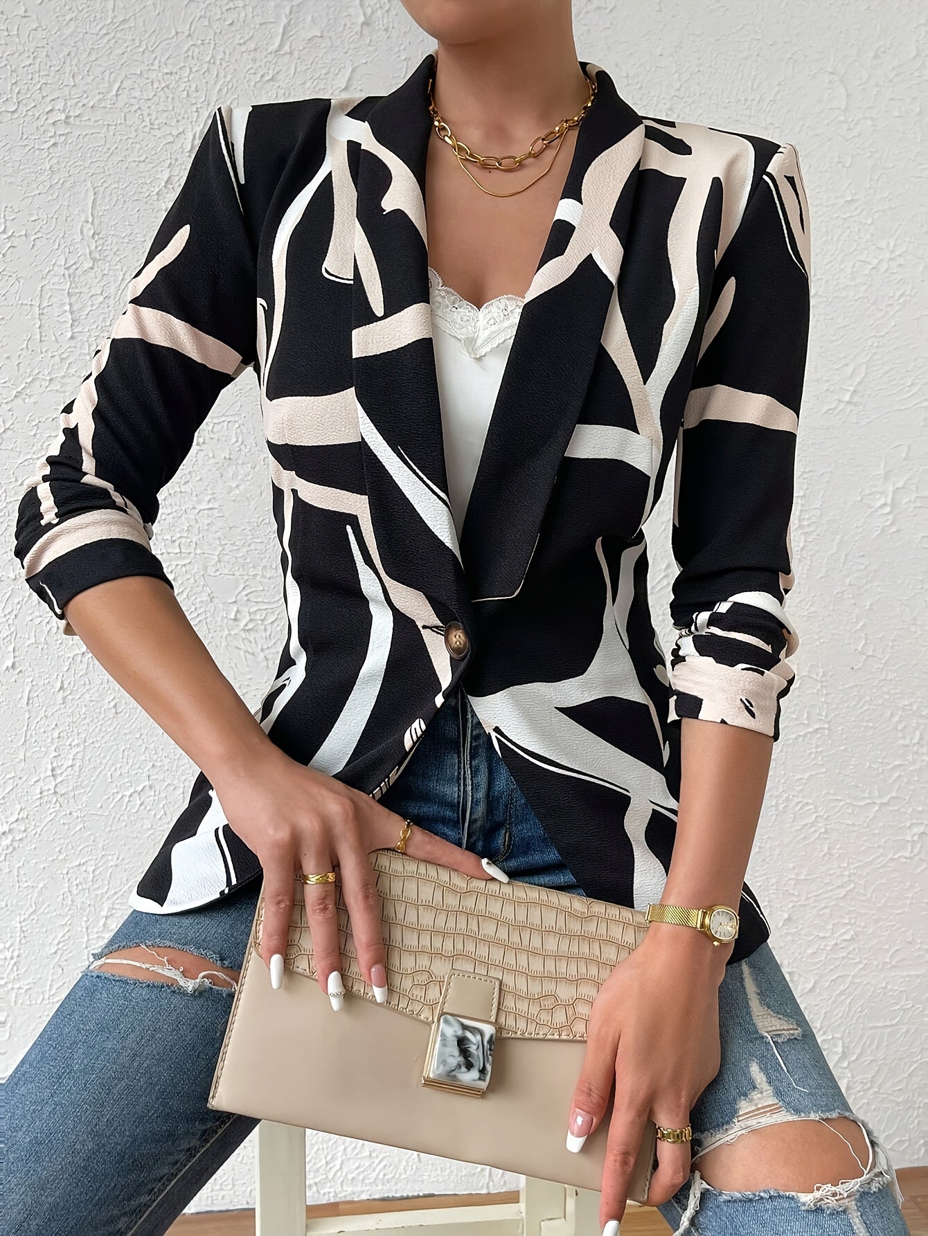 Abstract print blazer with button front elegant long sleeve blazer for office and work women's clothing.