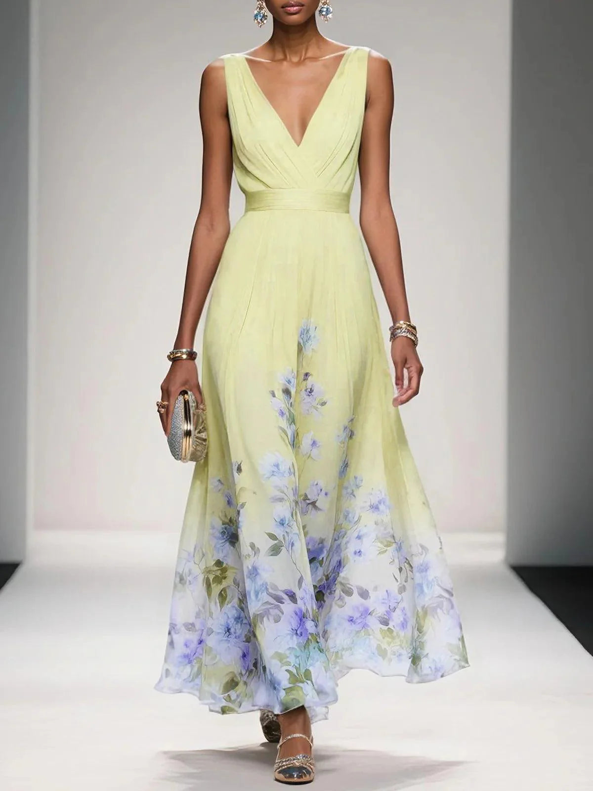 Light Blue Floral Chiffon V Neck Sleeveless A-Line Maxi Dress