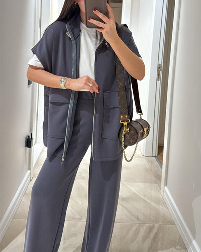 Casual Waist Stretch Detail Top & Pants Two-Piece Set