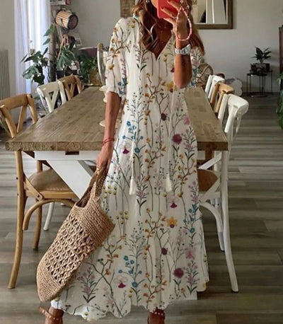 Casual Loose V-neck Printed  Long Dress