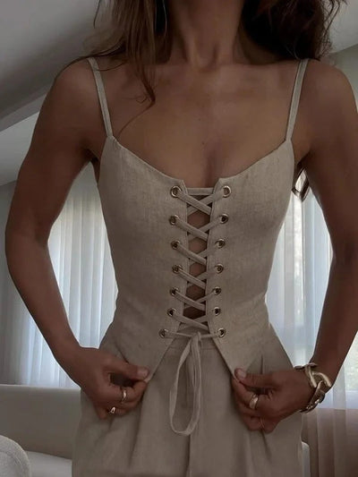 Linen Blend Tie Front Camisole Two-Piece Set