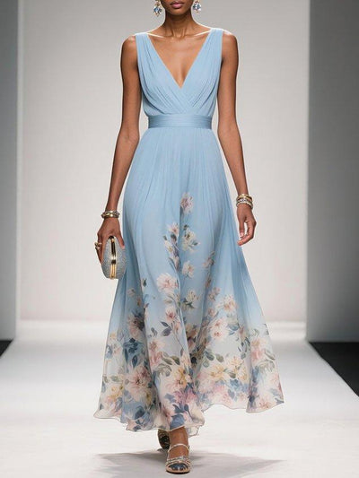 Light Blue Floral Chiffon V Neck Sleeveless A-Line Maxi Dress