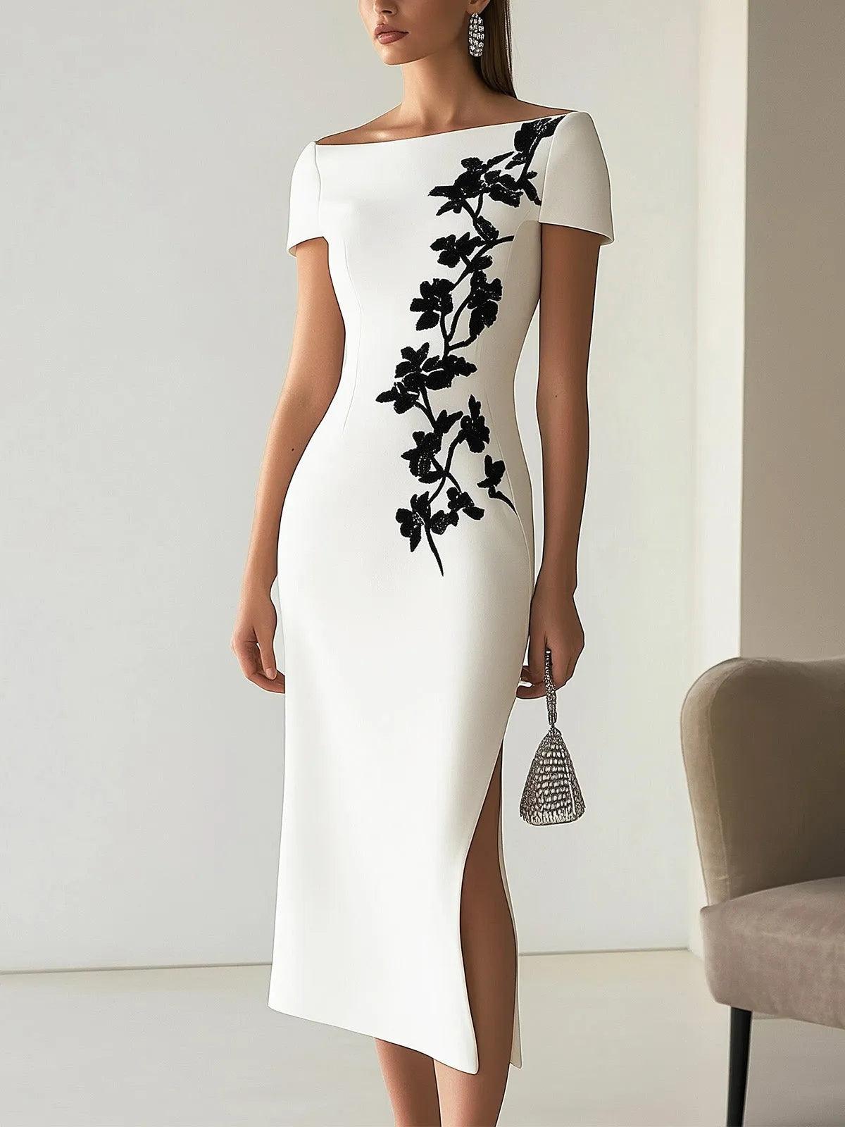 Chic Floral Print Boat Neck Midi Dress
