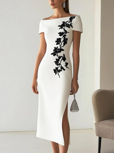 Chic Floral Print Boat Neck Midi Dress