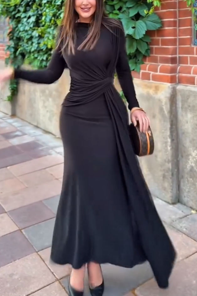 Elegant Black Pleated Waist Maxi Dress
