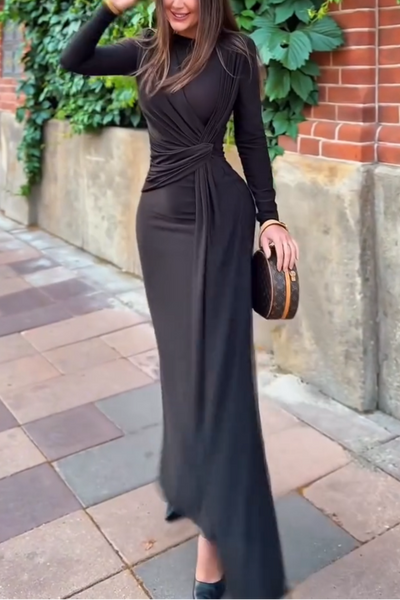 Elegant Black Pleated Waist Maxi Dress