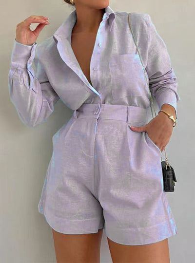 Cotton and Linen Long Sleeve Loose Shorts Set