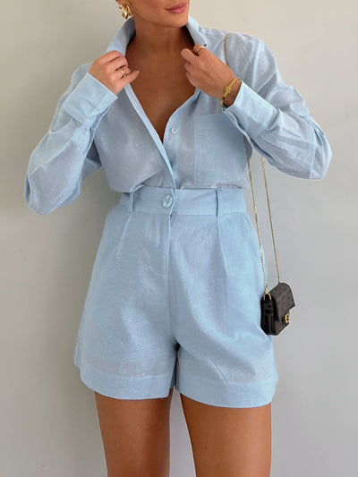 Cotton and Linen Long Sleeve Loose Shorts Set