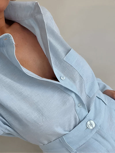 Cotton and Linen Long Sleeve Loose Shorts Set