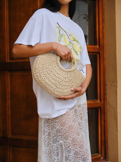 Woven Straw Half-Moon Tote Bag