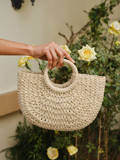 Woven Straw Half-Moon Tote Bag