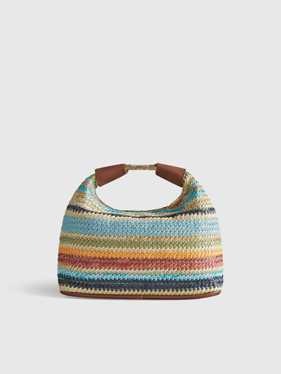 Color-Block Striped Straw Handbag with Leather Strap