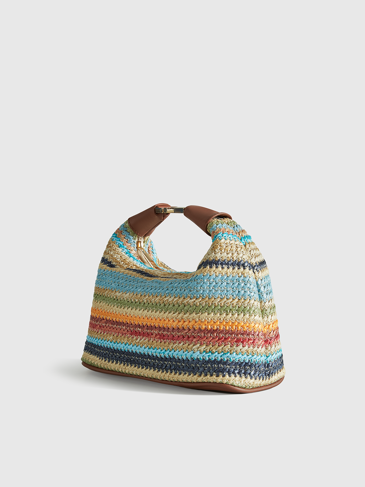 Color-Block Striped Straw Handbag with Leather Strap