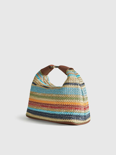 Color-Block Striped Straw Handbag with Leather Strap
