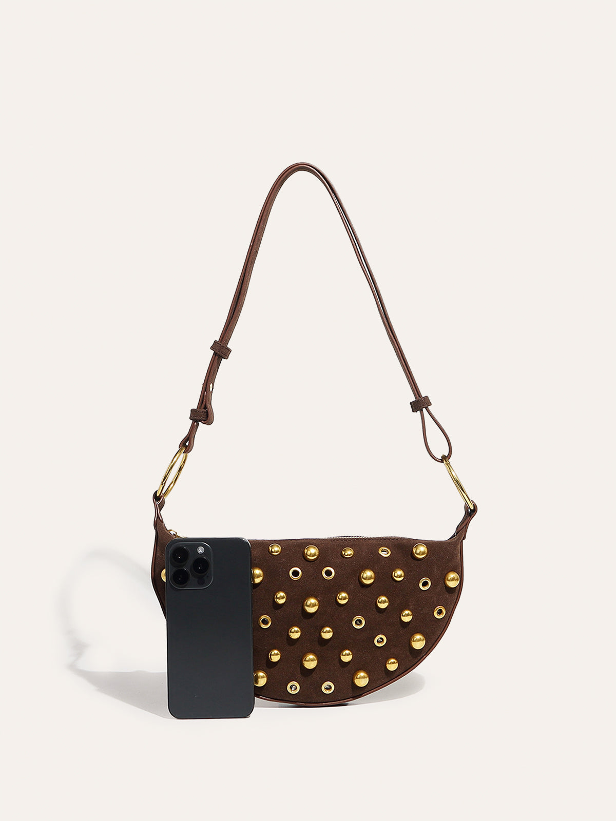 Suede Studded Half-Moon Shoulder Bag