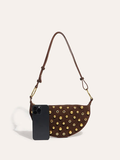 Suede Studded Half-Moon Shoulder Bag