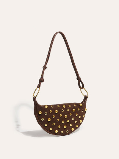 Suede Studded Half-Moon Shoulder Bag