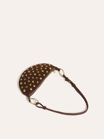 Suede Studded Half-Moon Shoulder Bag
