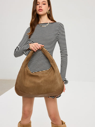 Braided Trim Suede Hobo Bag