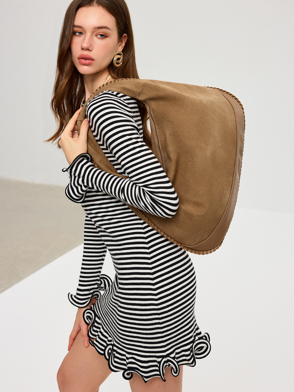 Braided Trim Suede Hobo Bag