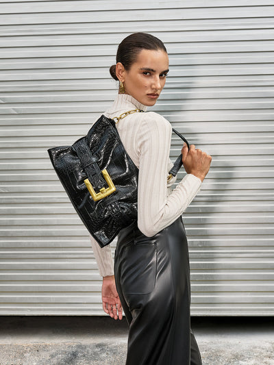 Belted Crocodile Patterned Tote Bag