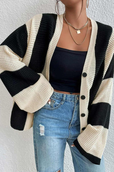 Contrast Striped Flare Sleeve Cardigan
