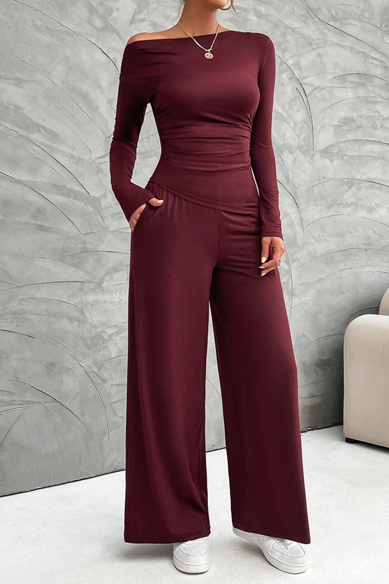 Drop Shoulder Tops Wide Leg Pants Set