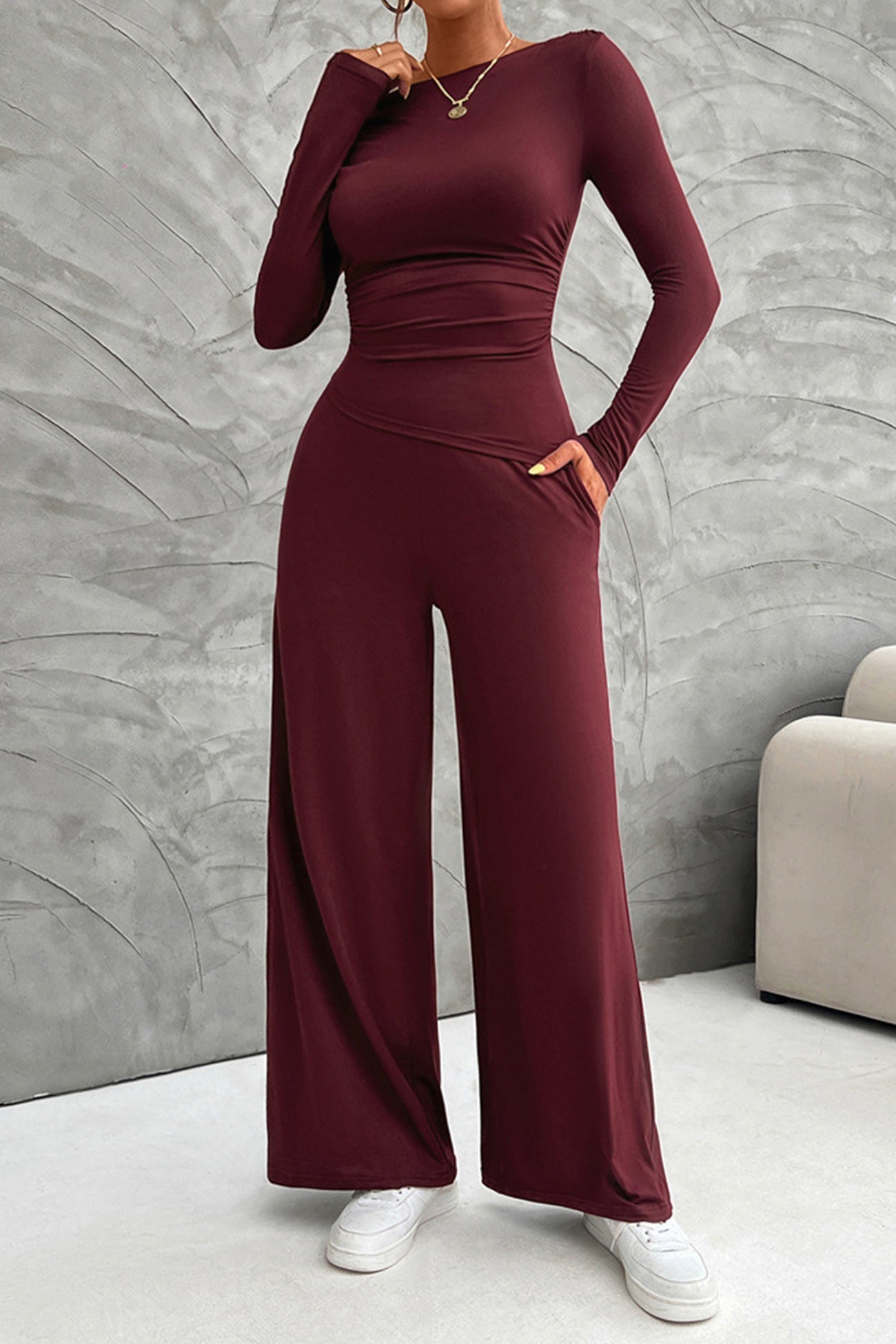 Drop Shoulder Tops Wide Leg Pants Set