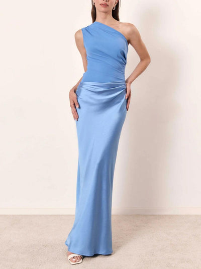 One Shoulder Neck Pleated Party Maxi Dress