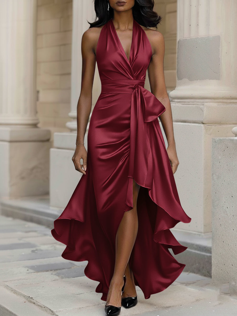 Midnight Elegance Satin Halter Ruffle Gown